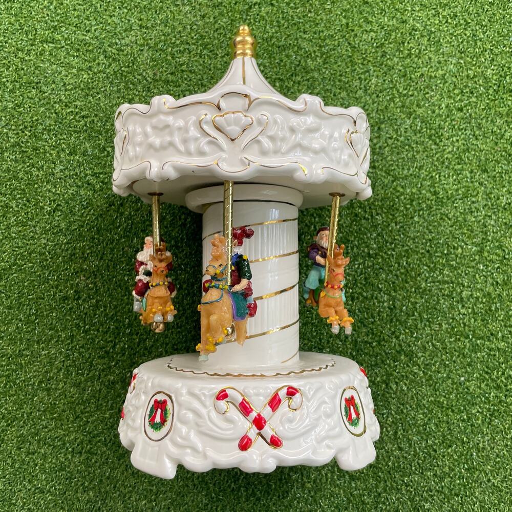 Vtg Santa And Elf Musical Holiday Carousel Elements Porcelain Christmas Decor